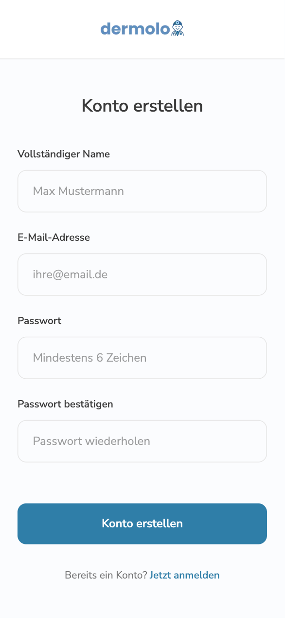 Anmeldung beim Online-Hautarzt - Konto erstellen